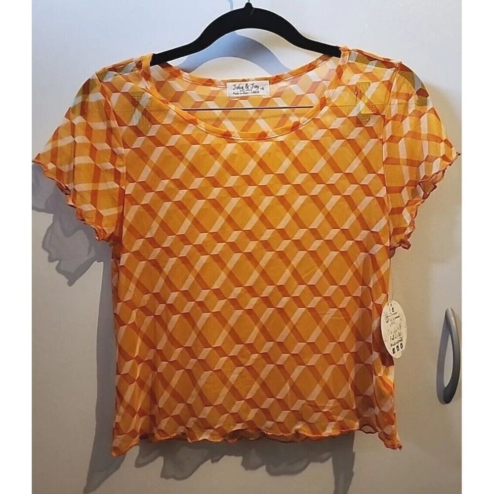 Jolie & Joy Orange Pattern Sheer Short Sleeve Top Sz L NWT Retro Look
